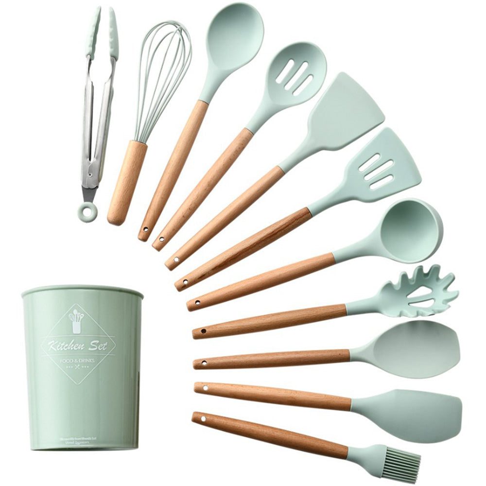9 Piece Mint Green Colored Silicone Kitchen Utensils Set with Wooden Handles