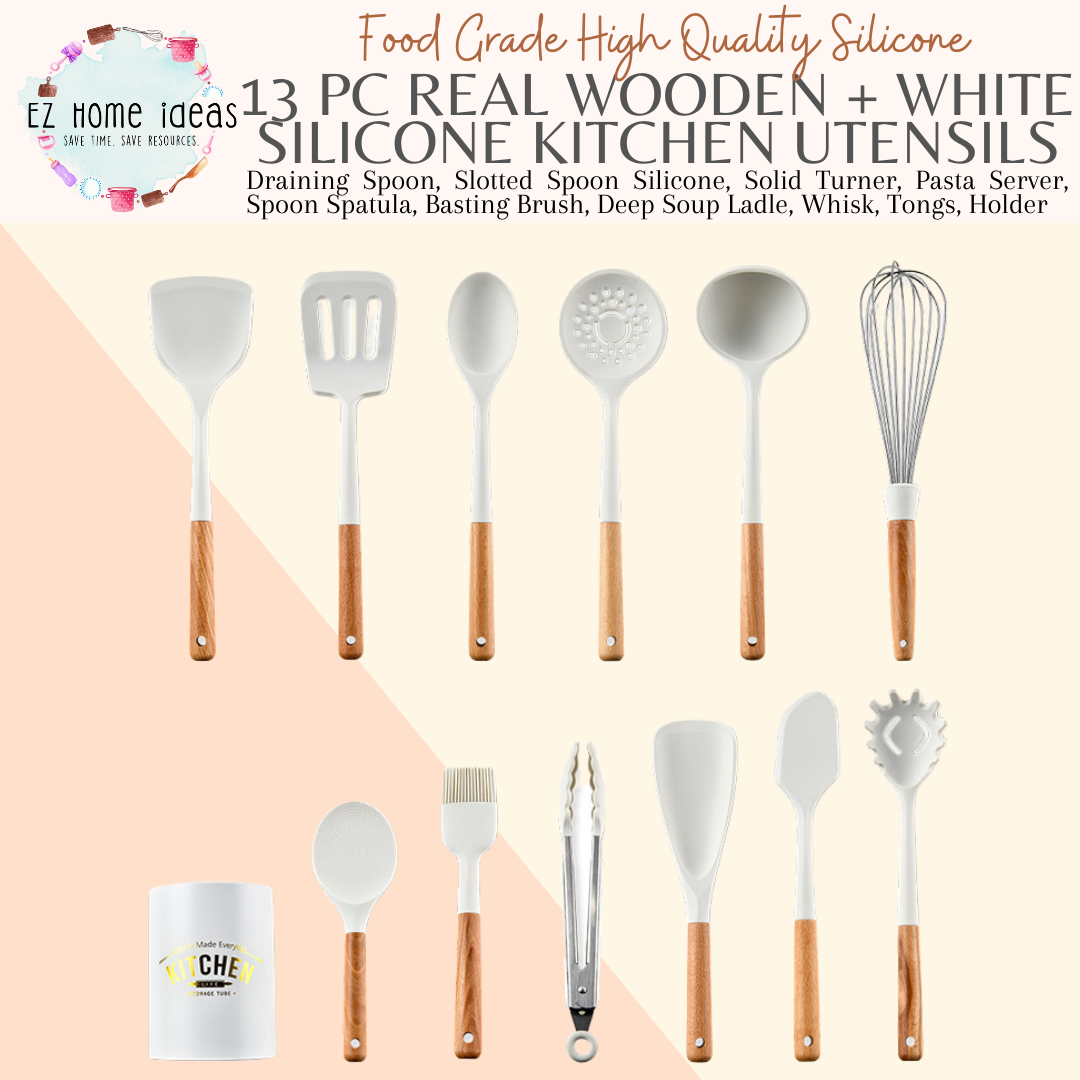 13pc White Silicone + Wooden Kitchen Utensils Set – EZ Home Ideas
